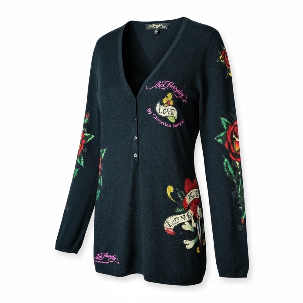 Ed Hardy Black V-Neck Sweater with Red Rose and Multicolor Tattoo Motifs